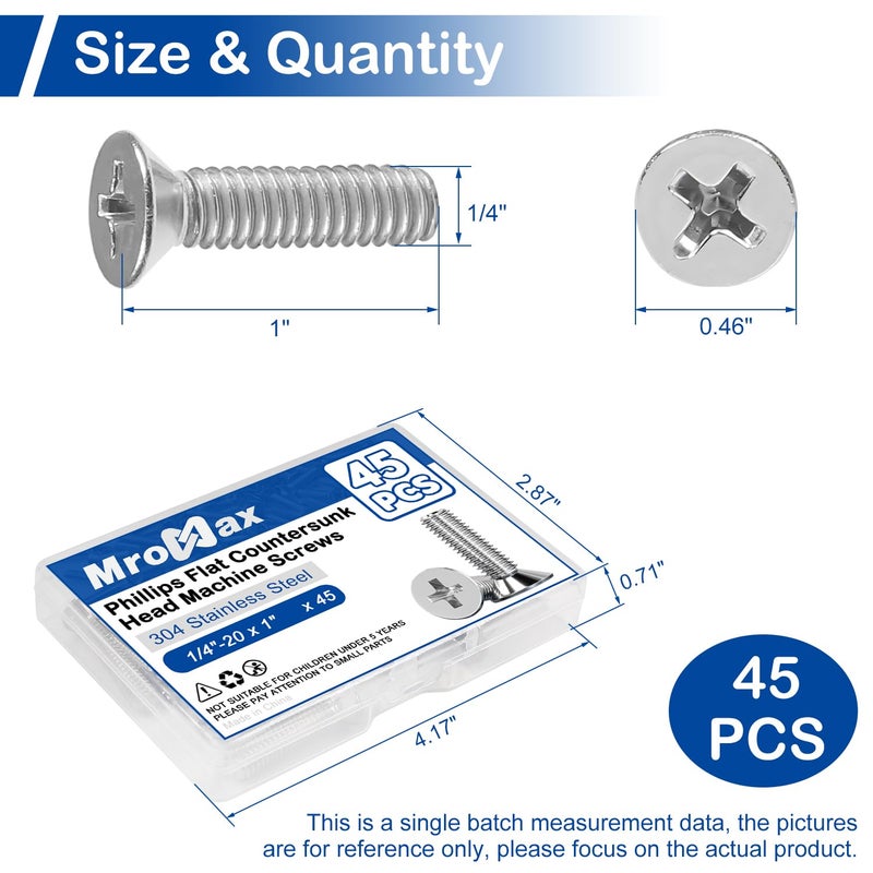 MroMax 45Pcs 1/4"-20 x 1 Phillips Flat Head Machine Screws, 304 Stainless Steel(18-8), UNC Coarse Thread, Countersunk Head Machine Screws, Phillips Drive #3 - Image 3